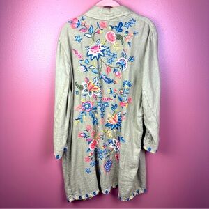 Johnny Was army green embroidered linen jacket cardigan midi length size large